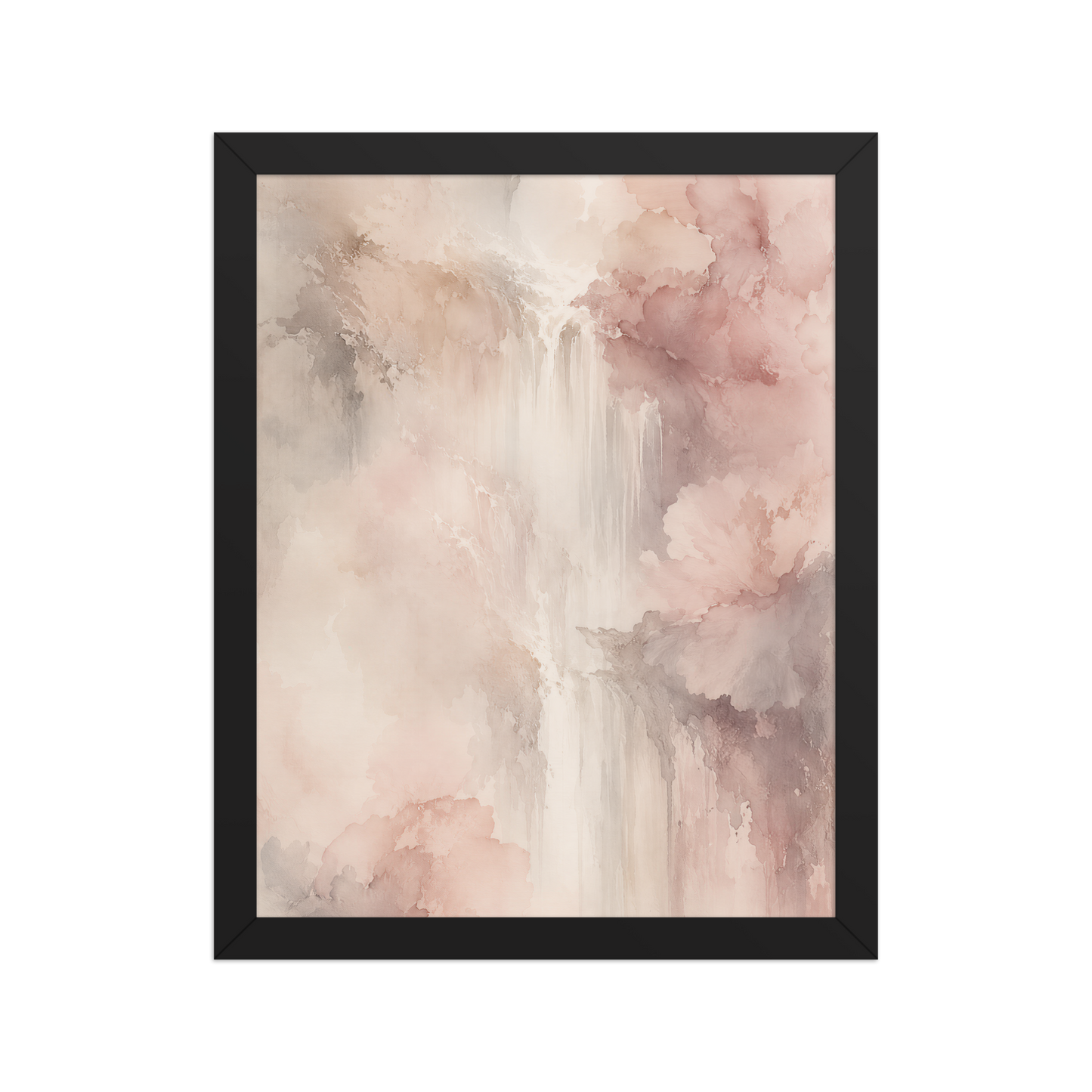 Framed waterfall-inspired poster featuring soft flowing forms in blush pink, warm neutrals, and muted earth tones.