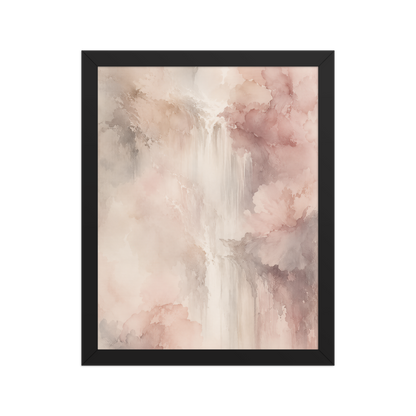 Framed waterfall-inspired poster featuring soft flowing forms in blush pink, warm neutrals, and muted earth tones.