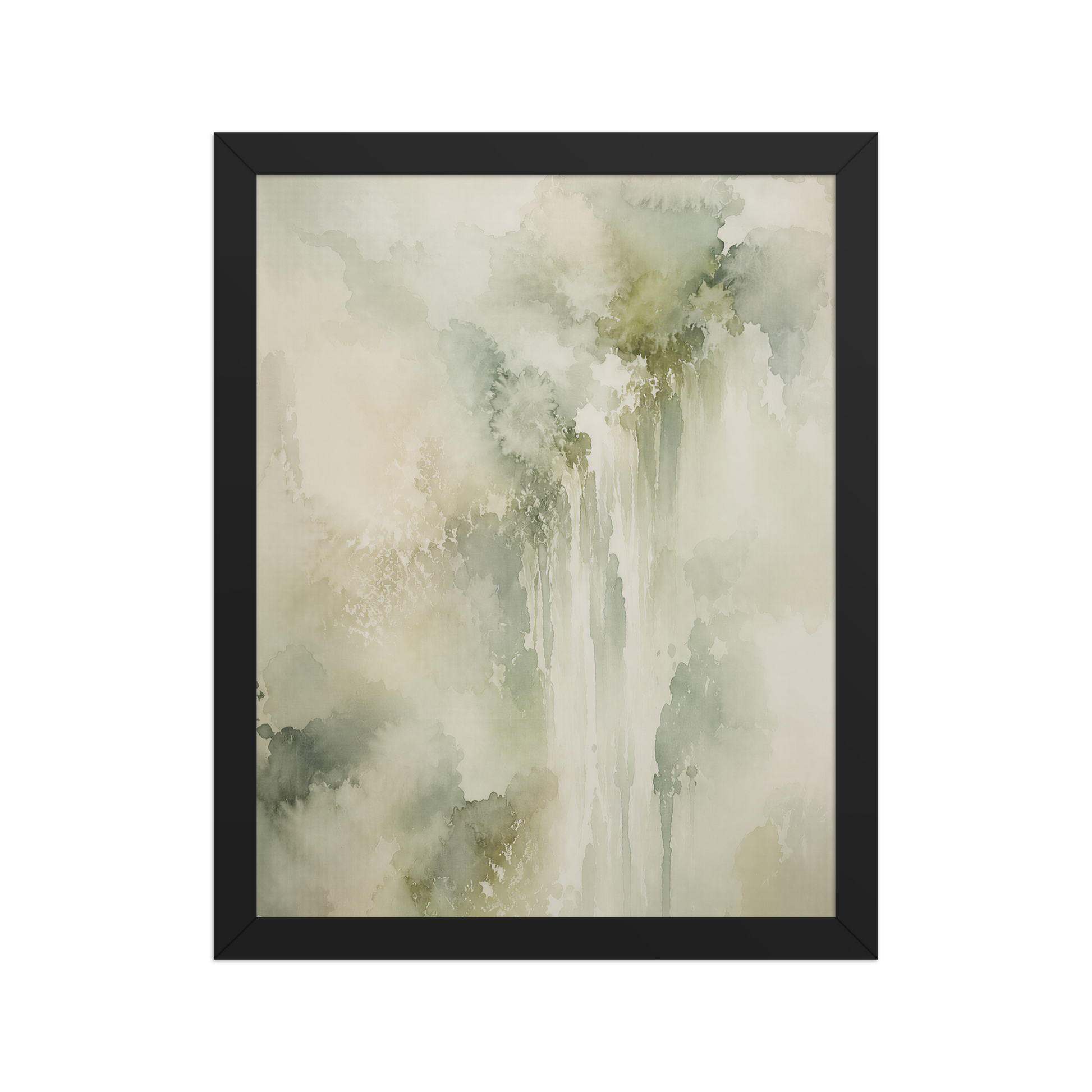 Framed waterfall-inspired poster featuring soft flowing forms in sage green, warm neutrals, and muted natural tones.