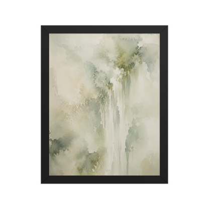 Framed waterfall-inspired poster featuring soft flowing forms in sage green, warm neutrals, and muted natural tones.