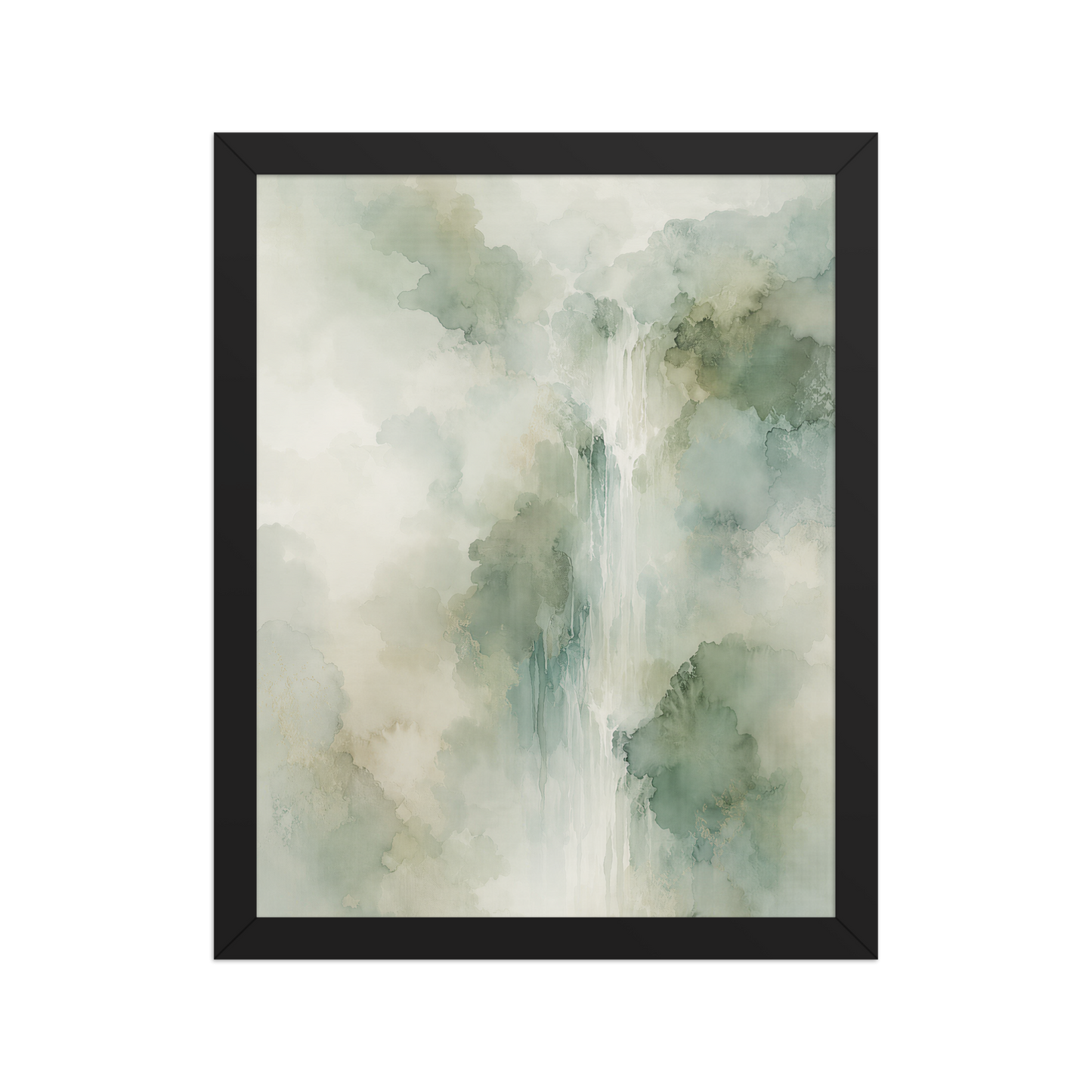 Framed waterfall-inspired poster with soft sage green tones, flowing water, and organic watercolor textures.