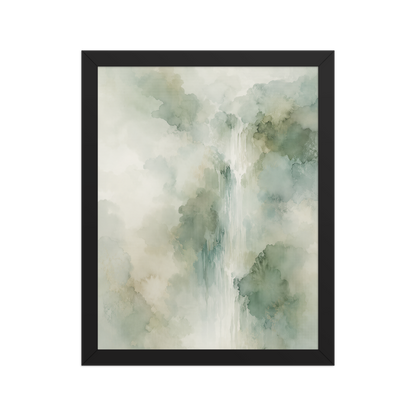Framed waterfall-inspired poster with soft sage green tones, flowing water, and organic watercolor textures.