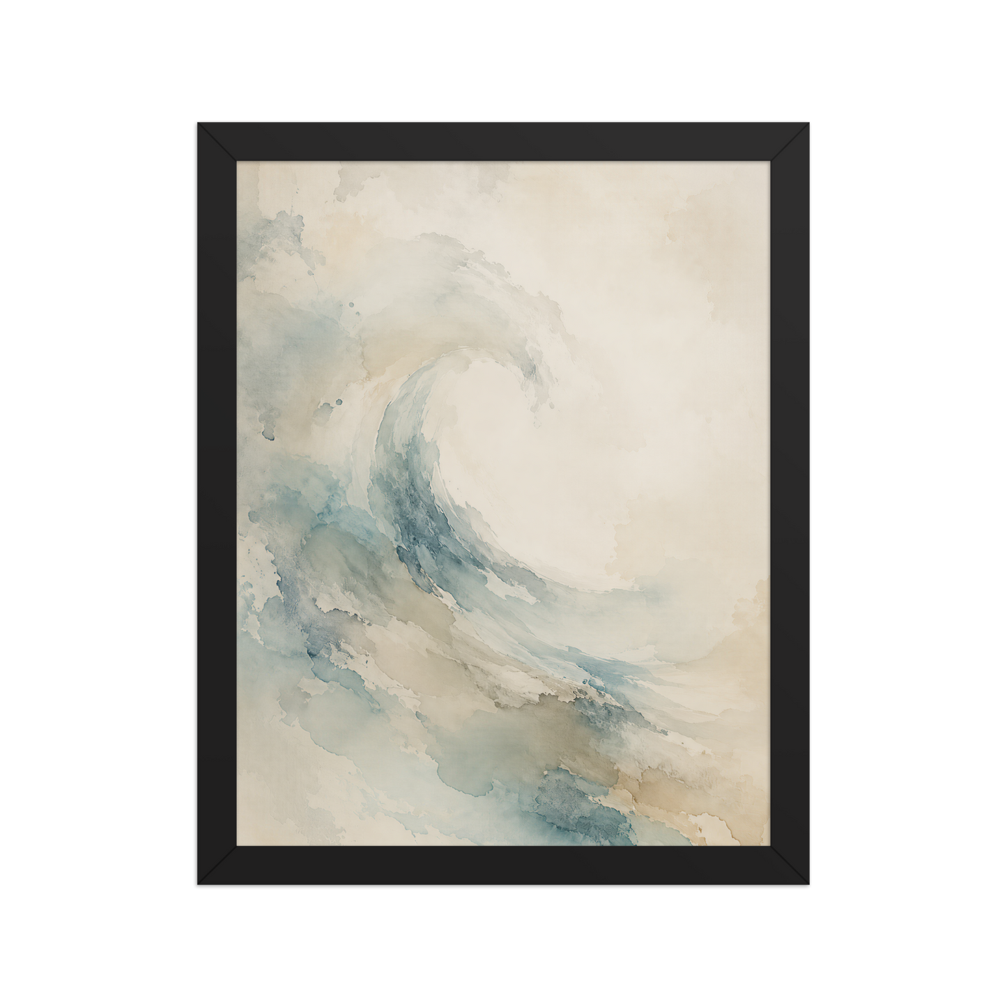 Framed ocean wave-inspired poster with flowing watercolor textures in soft blue, sand, and warm neutral tones.