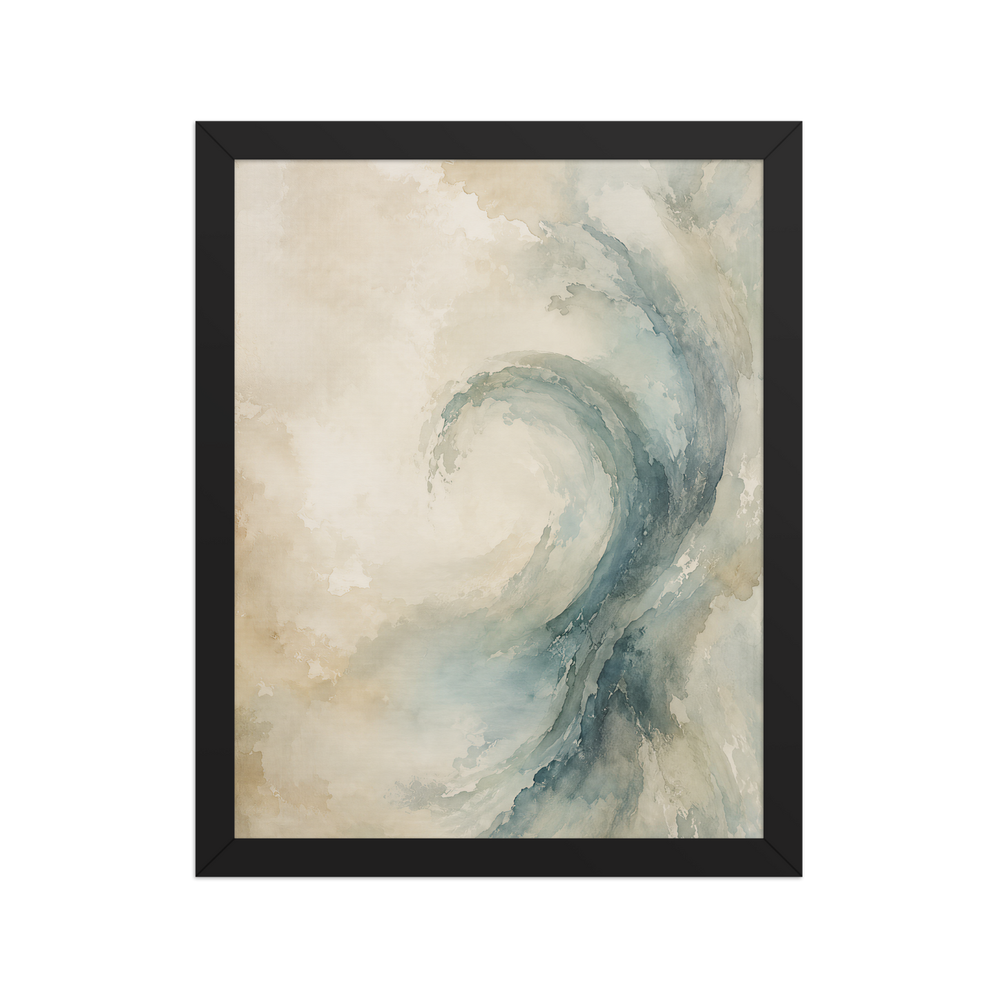 Framed ocean wave-inspired poster with flowing watercolor textures in soft blue, ivory, and warm neutral tones.