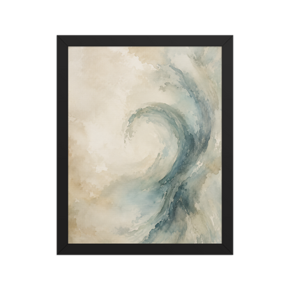 Framed ocean wave-inspired poster with flowing watercolor textures in soft blue, ivory, and warm neutral tones.