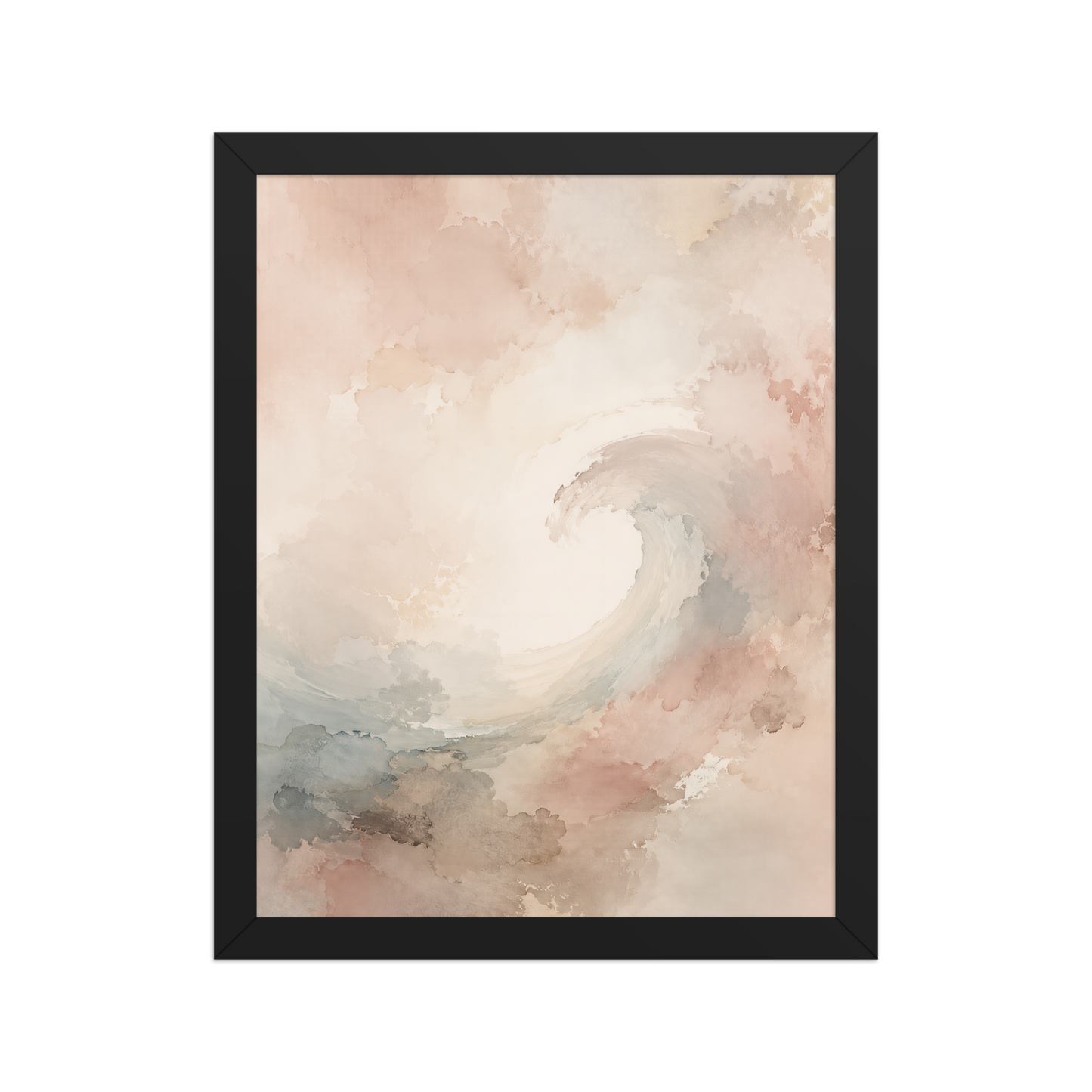 Framed ocean wave-inspired poster with flowing watercolor textures in blush, soft blue, and warm neutral tones.