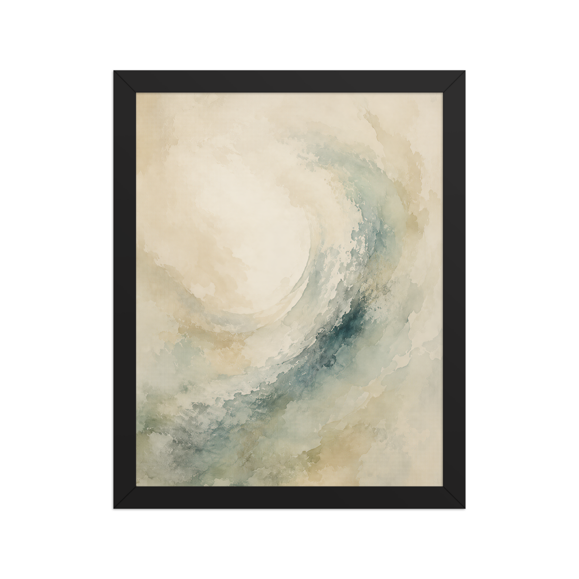 Framed ocean wave-inspired poster with flowing watercolor textures in soft blue, sage, and warm neutral tones.