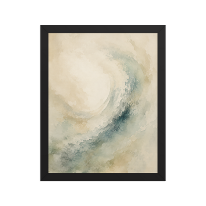 Framed ocean wave-inspired poster with flowing watercolor textures in soft blue, sage, and warm neutral tones.