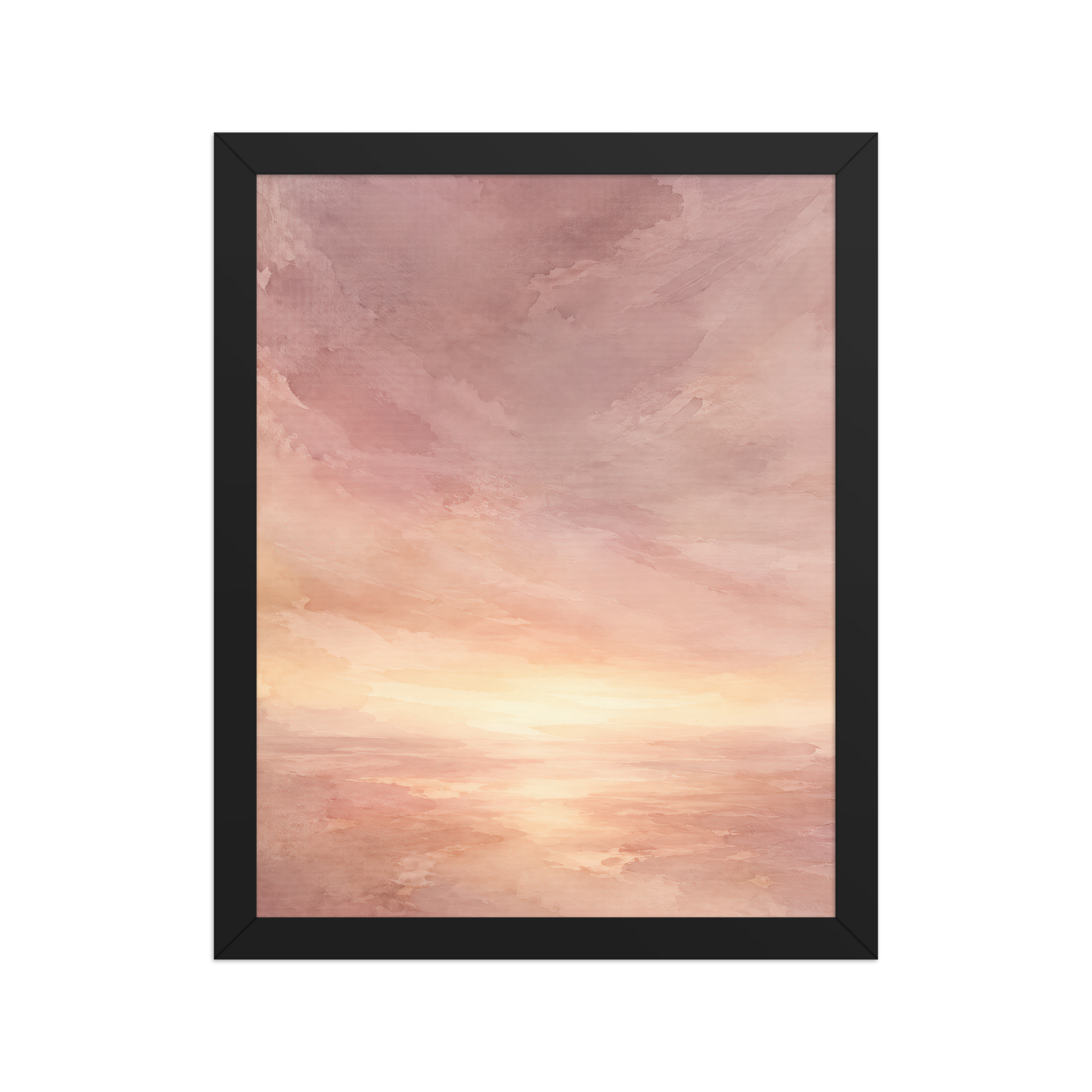 Framed sunrise poster with a glowing blush ocean horizon and soft watercolor textures in pink, peach, and warm neutral tones.