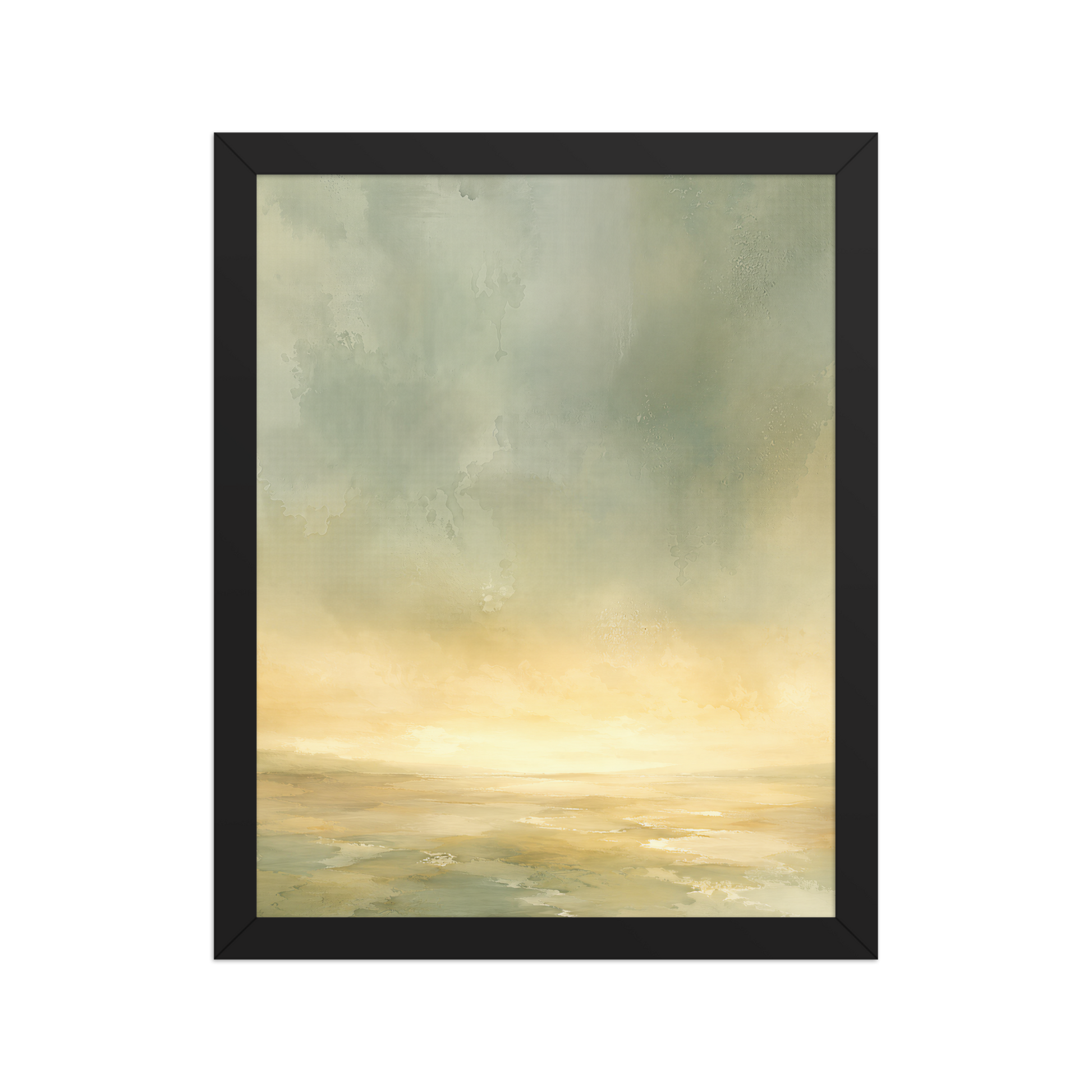 Framed sunrise poster featuring a glowing ocean horizon with soft sage green, warm gold, and watercolor textures.