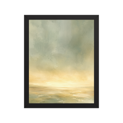 Framed sunrise poster featuring a glowing ocean horizon with soft sage green, warm gold, and watercolor textures.
