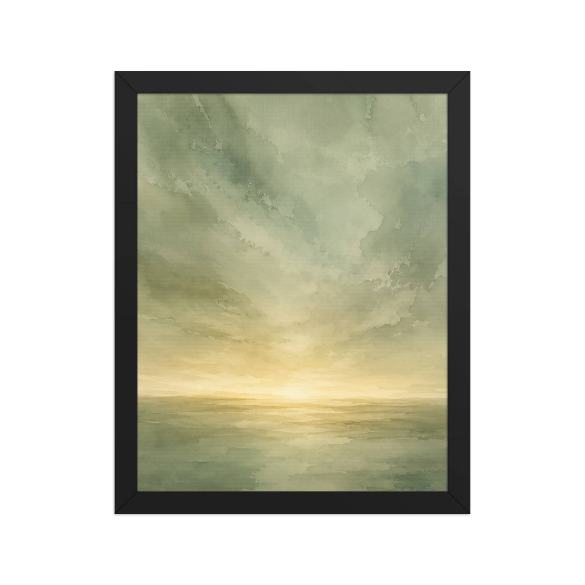 Framed sunrise poster featuring a glowing ocean horizon with soft sage green watercolor textures and warm golden light.