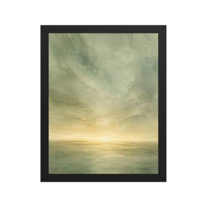 Framed sunrise poster featuring a glowing ocean horizon with soft sage green watercolor textures and warm golden light.