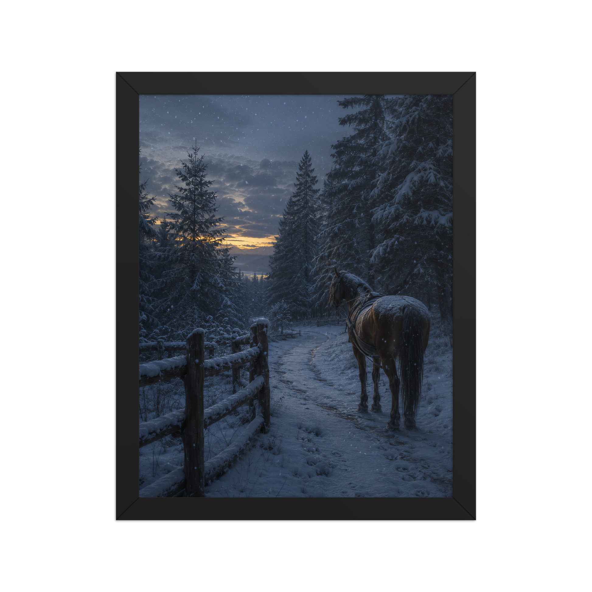 Framed winter forest poster featuring a lone horse on a snowy woodland path at twilight, inspired by Robert Frost's Miles to go, original Visual Poetry artwork.