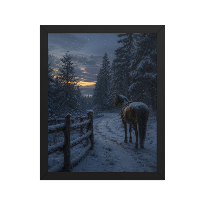 Framed winter forest poster featuring a lone horse on a snowy woodland path at twilight, inspired by Robert Frost's Miles to go, original Visual Poetry artwork.