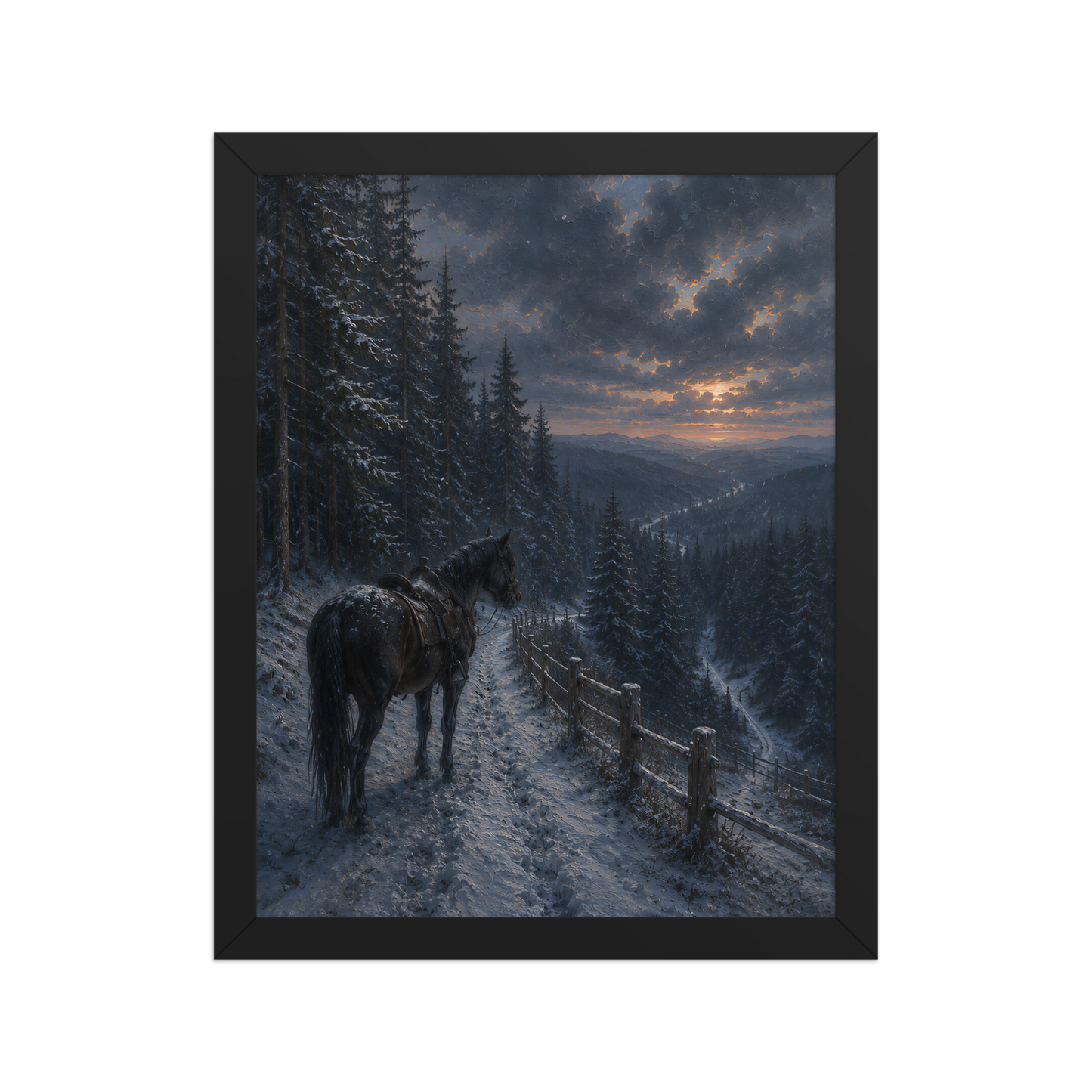 Framed mountain trail poster featuring a lone horse overlooking a snowy valley at winter sunset, inspired by Robert Frost's The Road Not Taken, original Visual Poetry artwork.