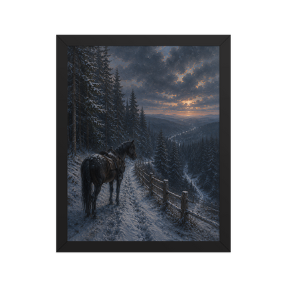 Framed mountain trail poster featuring a lone horse overlooking a snowy valley at winter sunset, inspired by Robert Frost's The Road Not Taken, original Visual Poetry artwork.