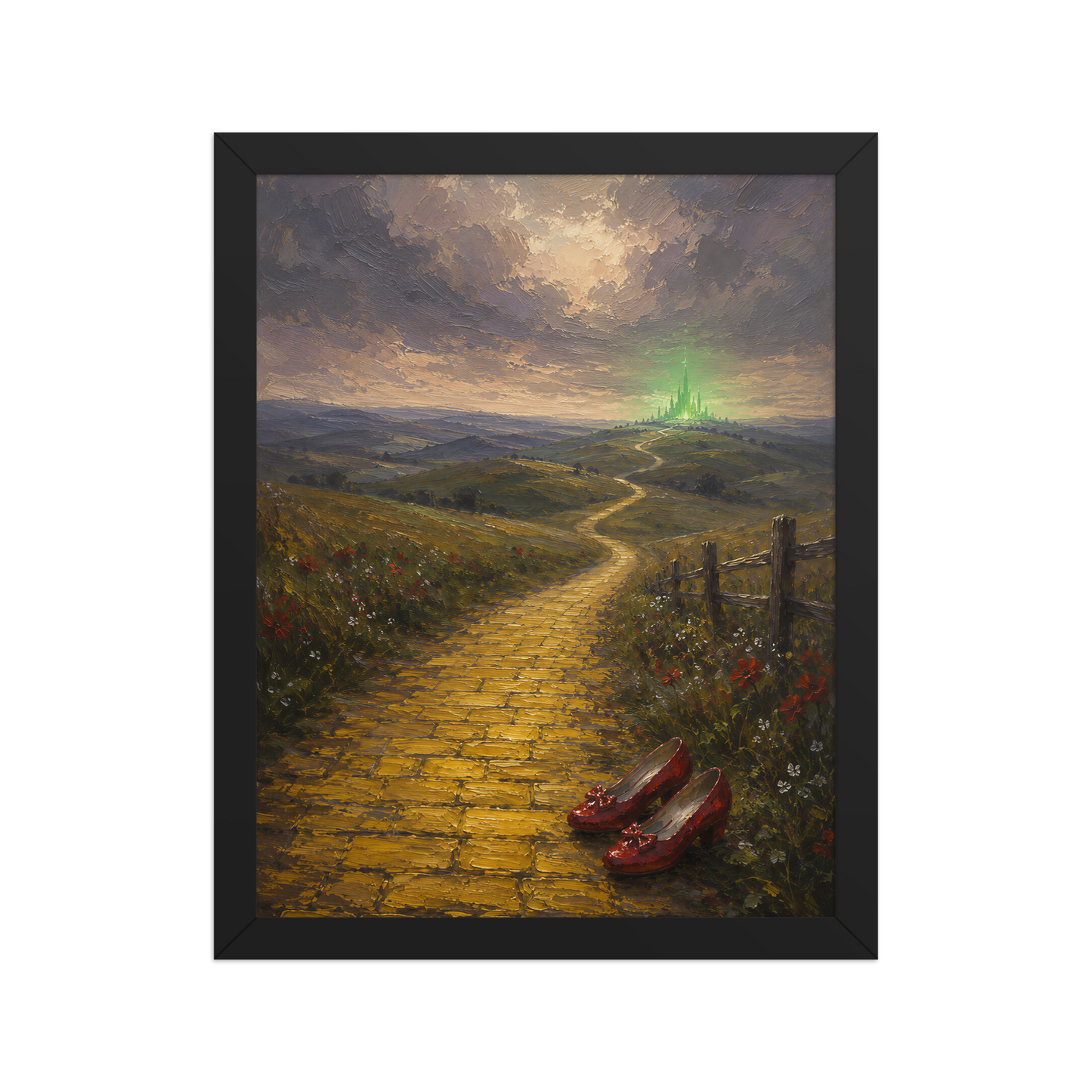 Framed Yellow Brick Road poster featuring ruby slippers beside a winding golden path leading toward a distant emerald city, inspired by There's No Place Like Home, original Visual Poetry artwork.
