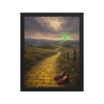 Framed Yellow Brick Road poster featuring ruby slippers beside a winding golden path leading toward a distant emerald city, inspired by There's No Place Like Home, original Visual Poetry artwork.