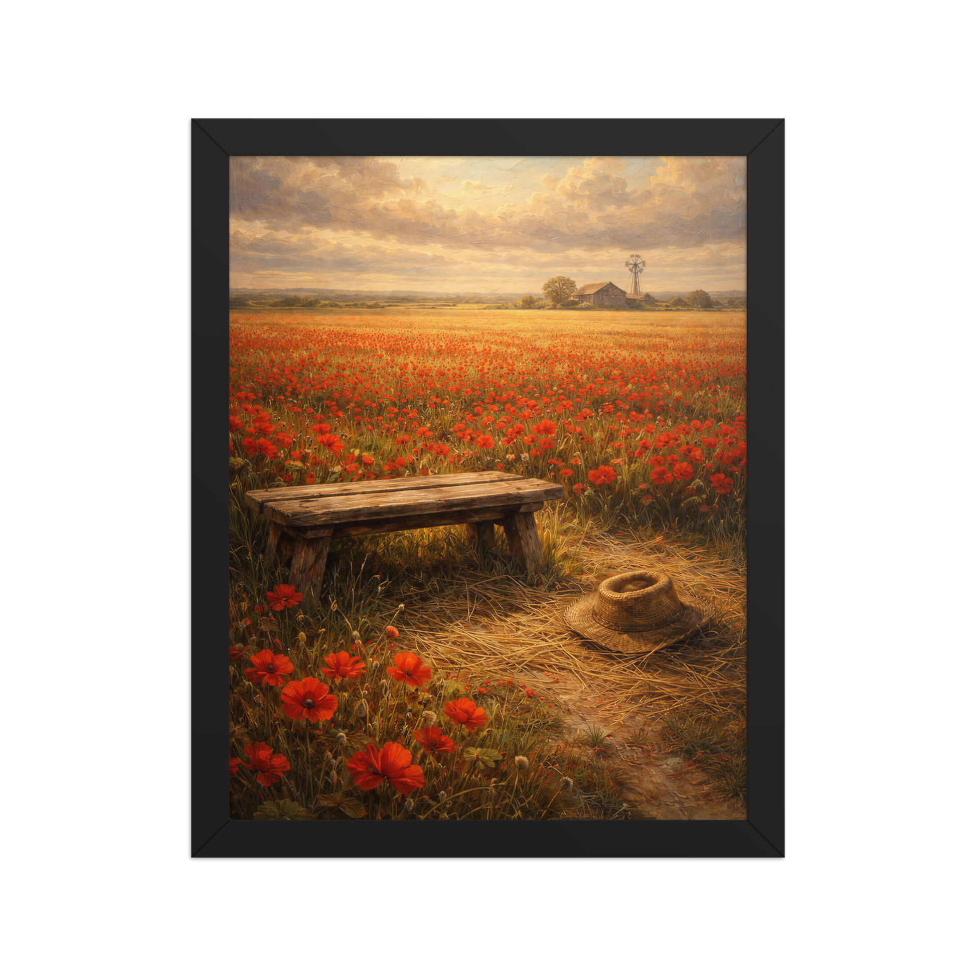 Framed Poppy Field poster featuring a rustic bench, straw hat, and a vast field of red poppies beneath a glowing countryside sky, inspired by The Deadly Poppy Field, original Visual Poetry artwork.