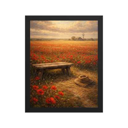 Framed Poppy Field poster featuring a rustic bench, straw hat, and a vast field of red poppies beneath a glowing countryside sky, inspired by The Deadly Poppy Field, original Visual Poetry artwork.