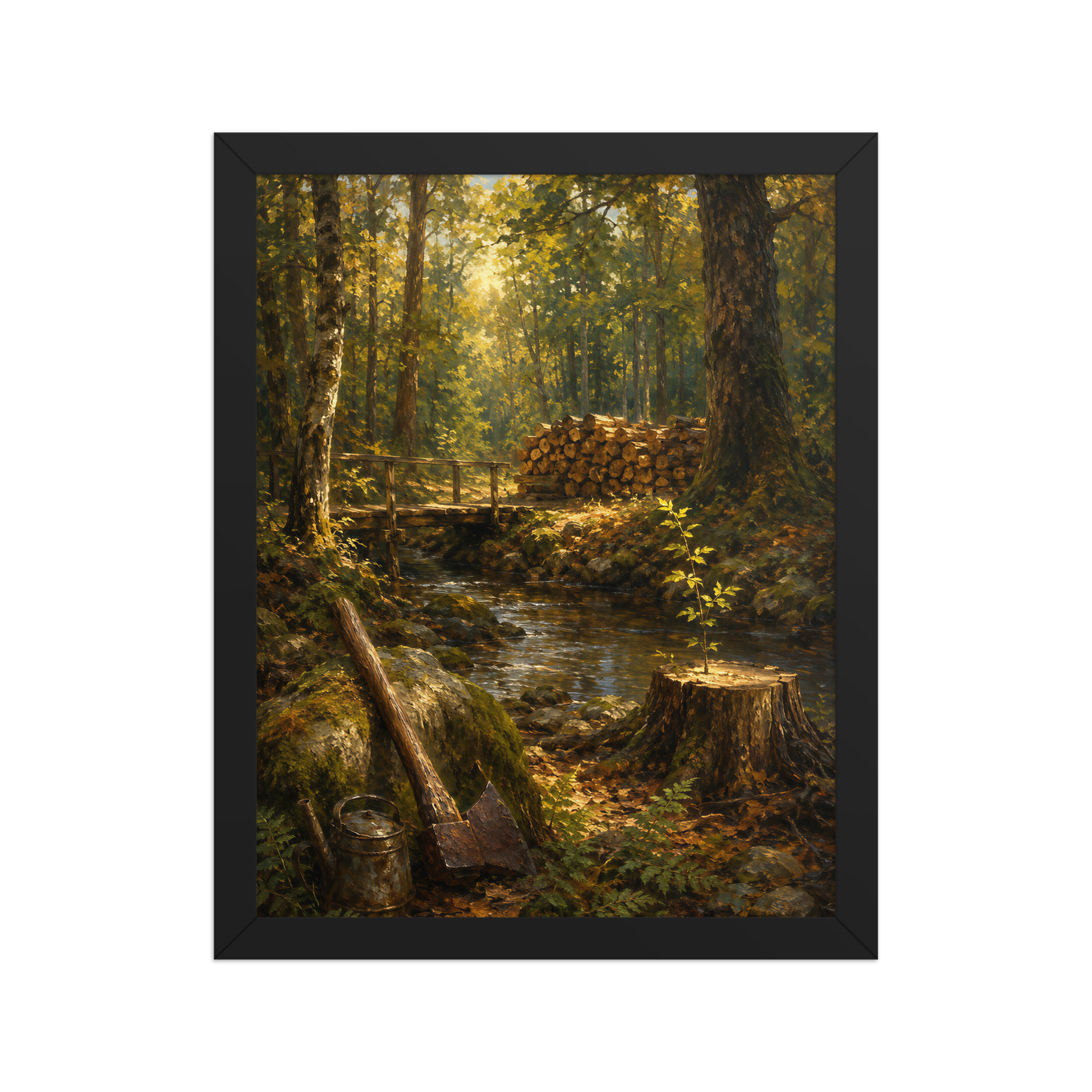 Framed Forest Clearing poster featuring a woodland stream, rustic bridge, axe, stacked firewood, and a young sapling growing from a tree stump, inspired by Follow the Yellow Brick Road, original Visual Poetry artwork.