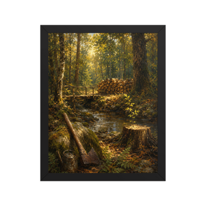 Framed Forest Clearing poster featuring a woodland stream, rustic bridge, axe, stacked firewood, and a young sapling growing from a tree stump, inspired by Follow the Yellow Brick Road, original Visual Poetry artwork.