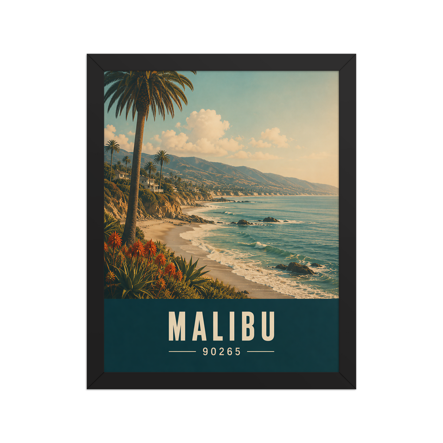 Framed Malibu California retro travel poster with 90265 zip code, coastal beach wall art