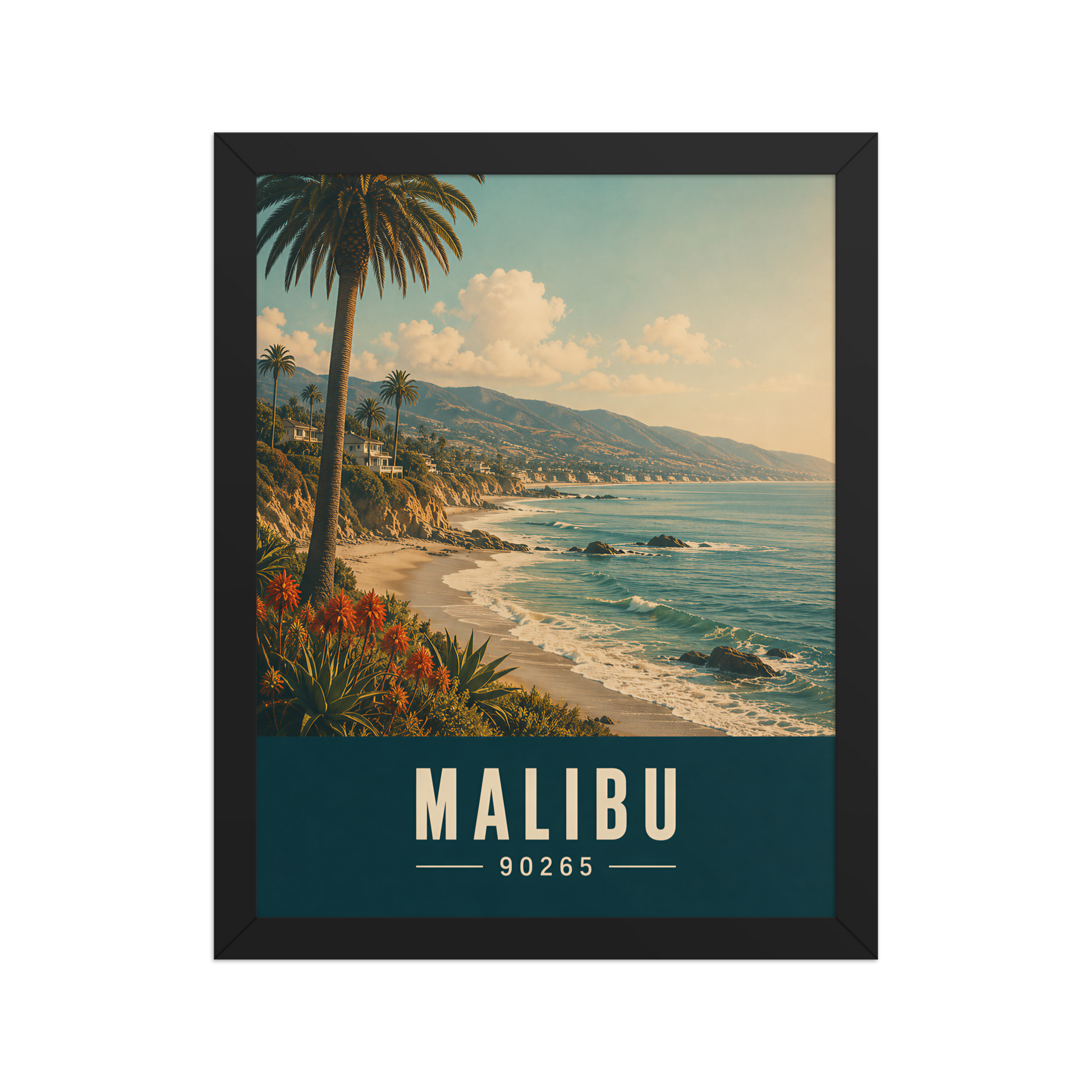 Framed Malibu California retro travel poster with 90265 zip code, coastal beach wall art