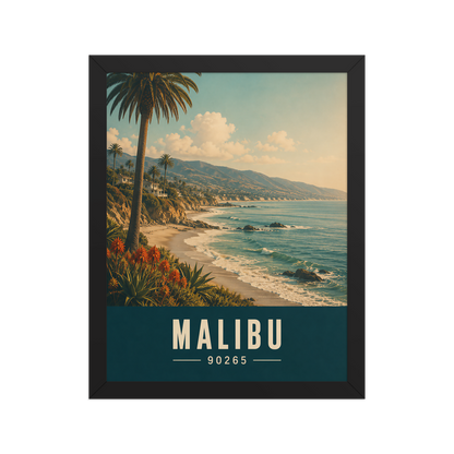 Framed Malibu California retro travel poster with 90265 zip code, coastal beach wall art