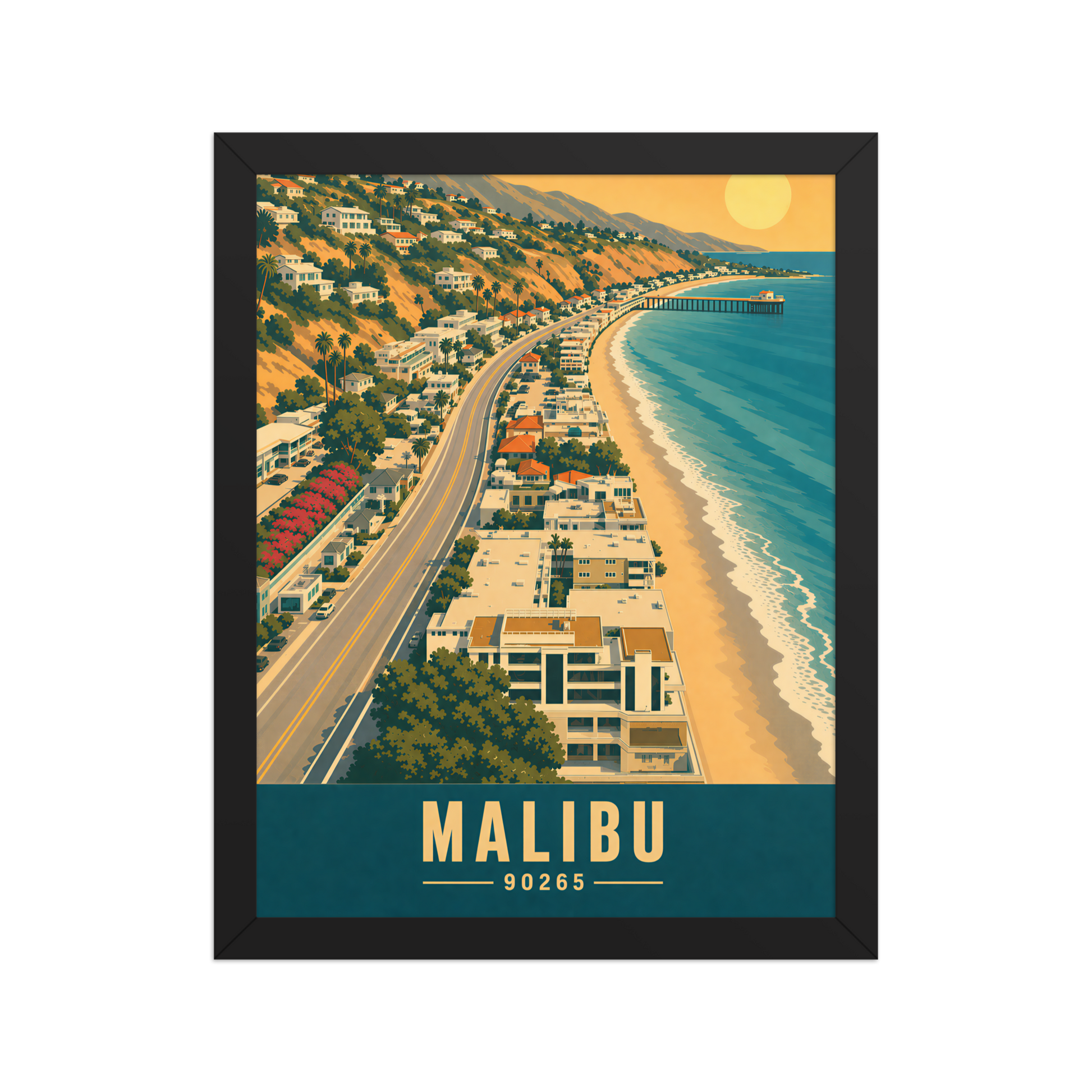 Framed aerial Malibu Pacific Coast Highway poster with 90265 zip code