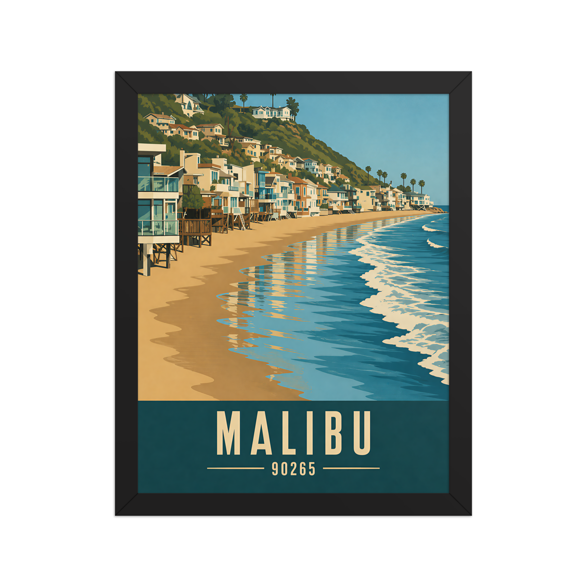 Framed Malibu beach house coastal poster with 90265 zip code