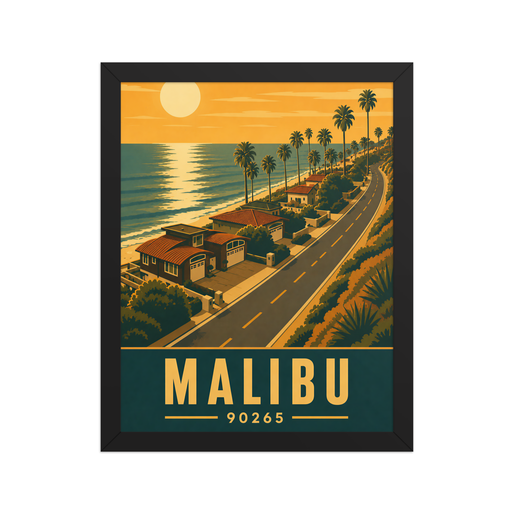 Framed Malibu palm-lined sunset coastal road poster with 90265 zip code