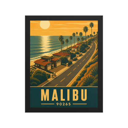 Framed Malibu palm-lined sunset coastal road poster with 90265 zip code