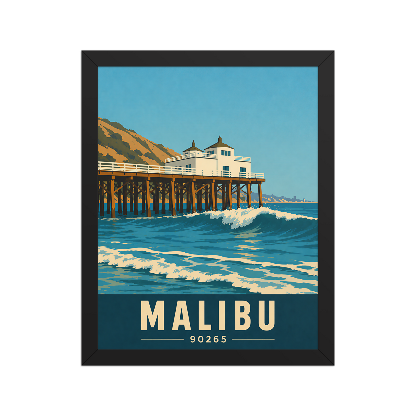 Framed Malibu oceanfront pier and waves poster with 90265 zip code