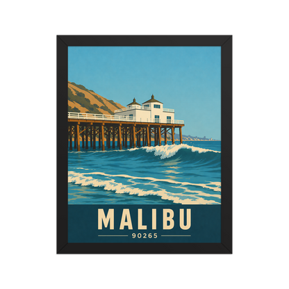 Framed Malibu oceanfront pier and waves poster with 90265 zip code