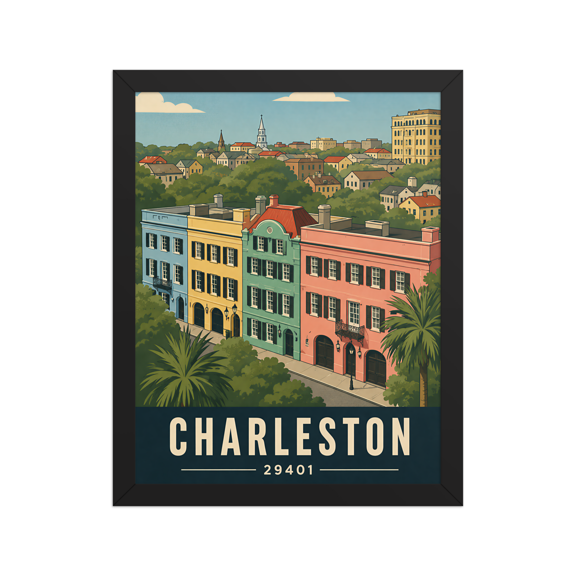 Framed Rainbow Row Charleston historic homes poster with 29401 zip code