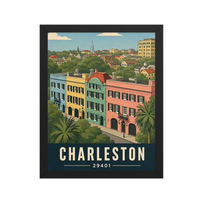 Framed Rainbow Row Charleston historic homes poster with 29401 zip code