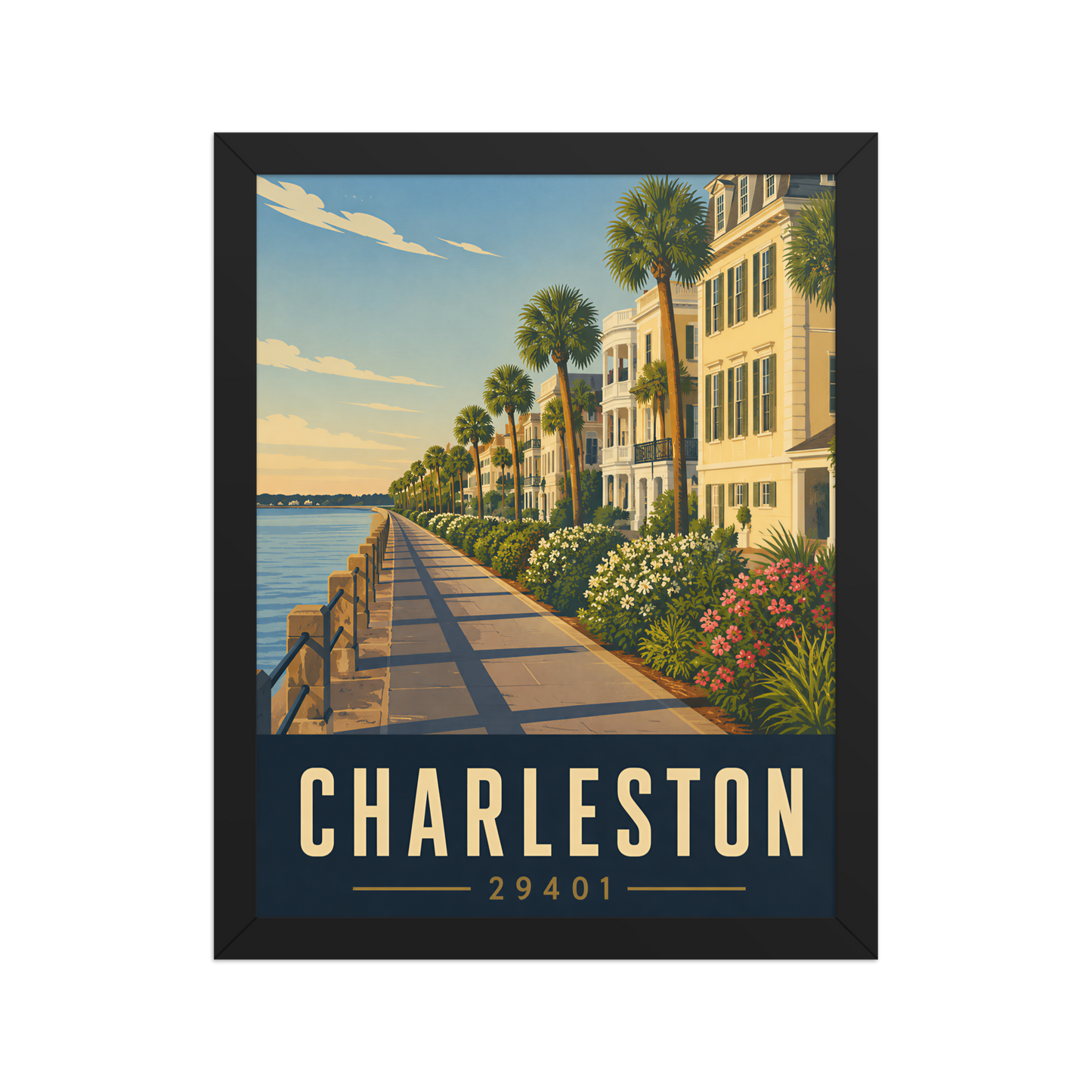 Framed Charleston The Battery waterfront poster with 29401 zip code