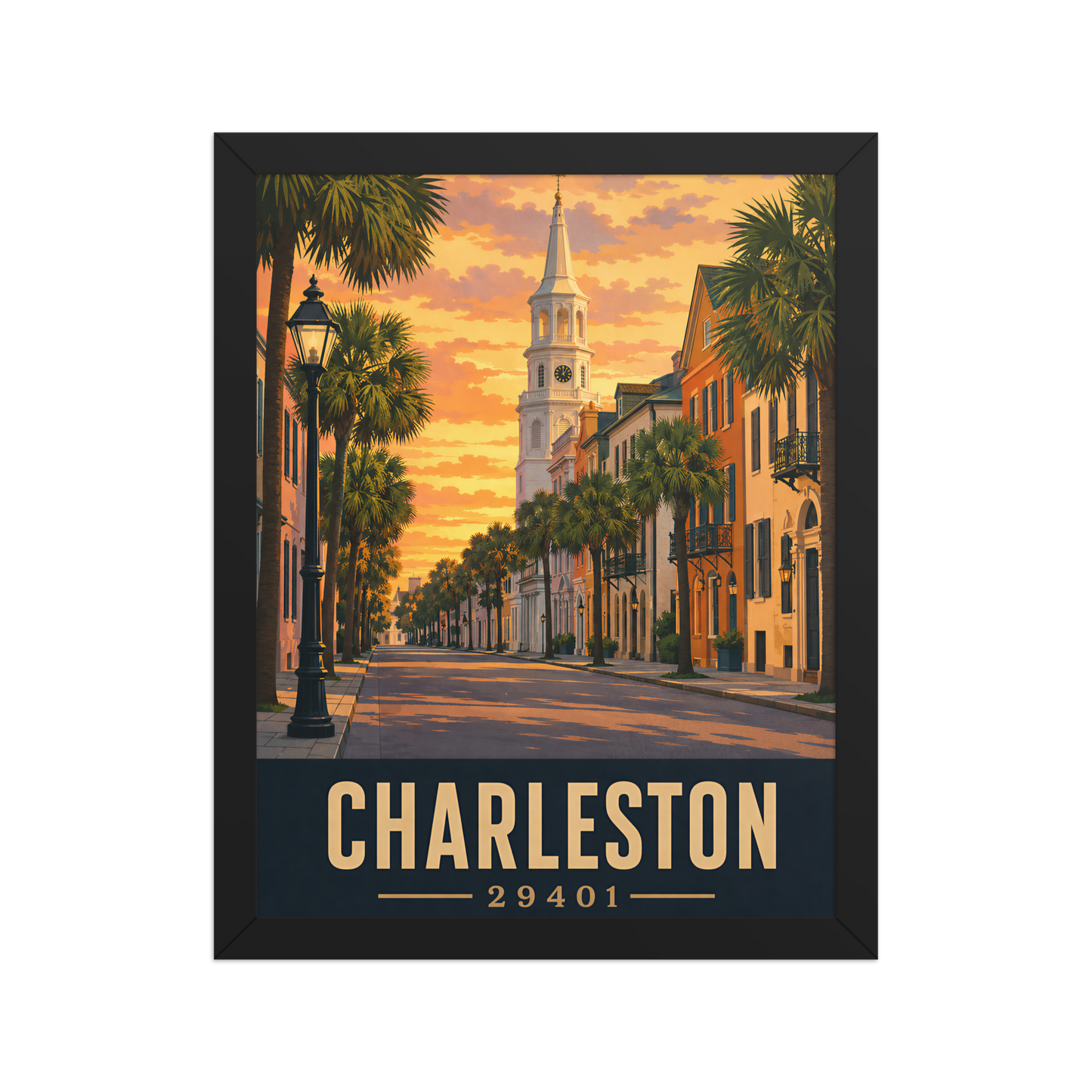 Framed Charleston church steeple sunset poster with 29401 zip code