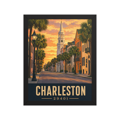 Framed Charleston church steeple sunset poster with 29401 zip code