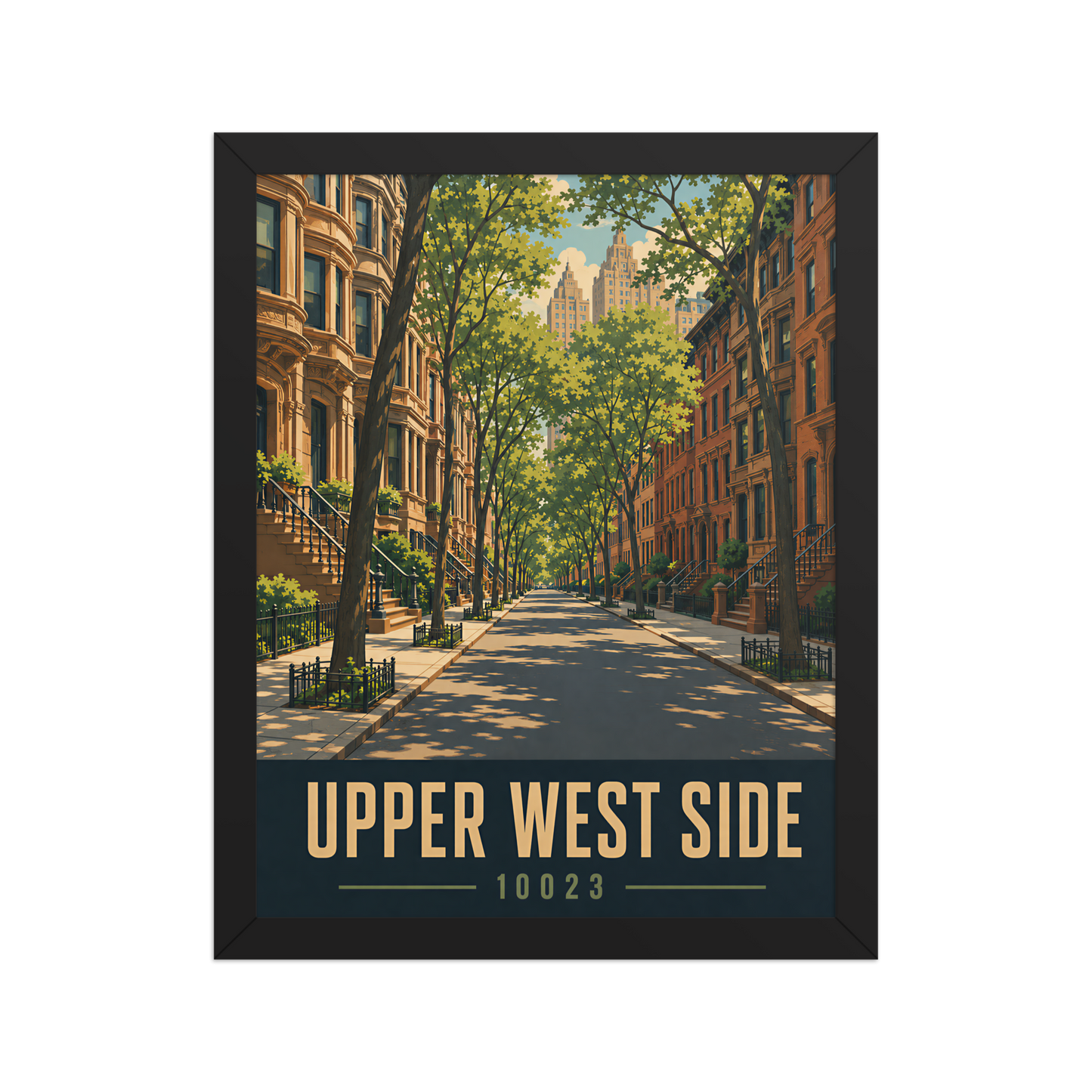 Framed Upper West Side brownstone street poster with 10023 zip code