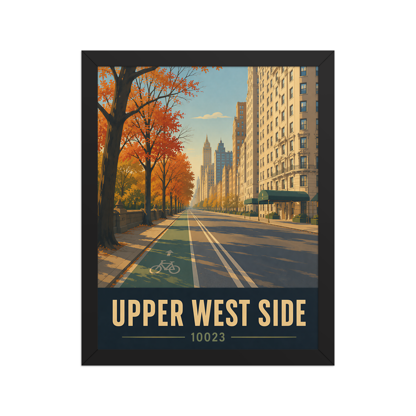 Framed Central Park West autumn poster with 10023 zip code
