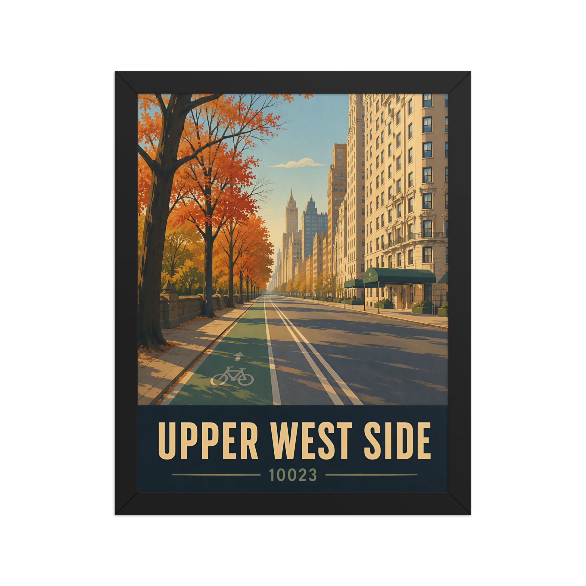Framed Central Park West autumn poster with 10023 zip code