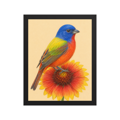 Framed Painted Bunting colored pencil illustration on Indian Blanket flower, wood frame wall art