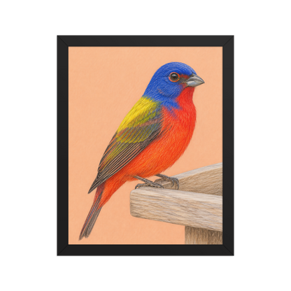 Framed Painted Bunting colored pencil illustration on wooden feeder, apricot background, wood frame wall art
