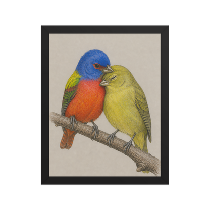 Framed male and female Painted Bunting pair colored pencil illustration, wood frame wall art