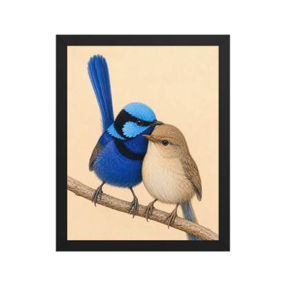 Framed male and female Splendid Fairywren blue wren pair colored pencil illustration, wood frame wall art