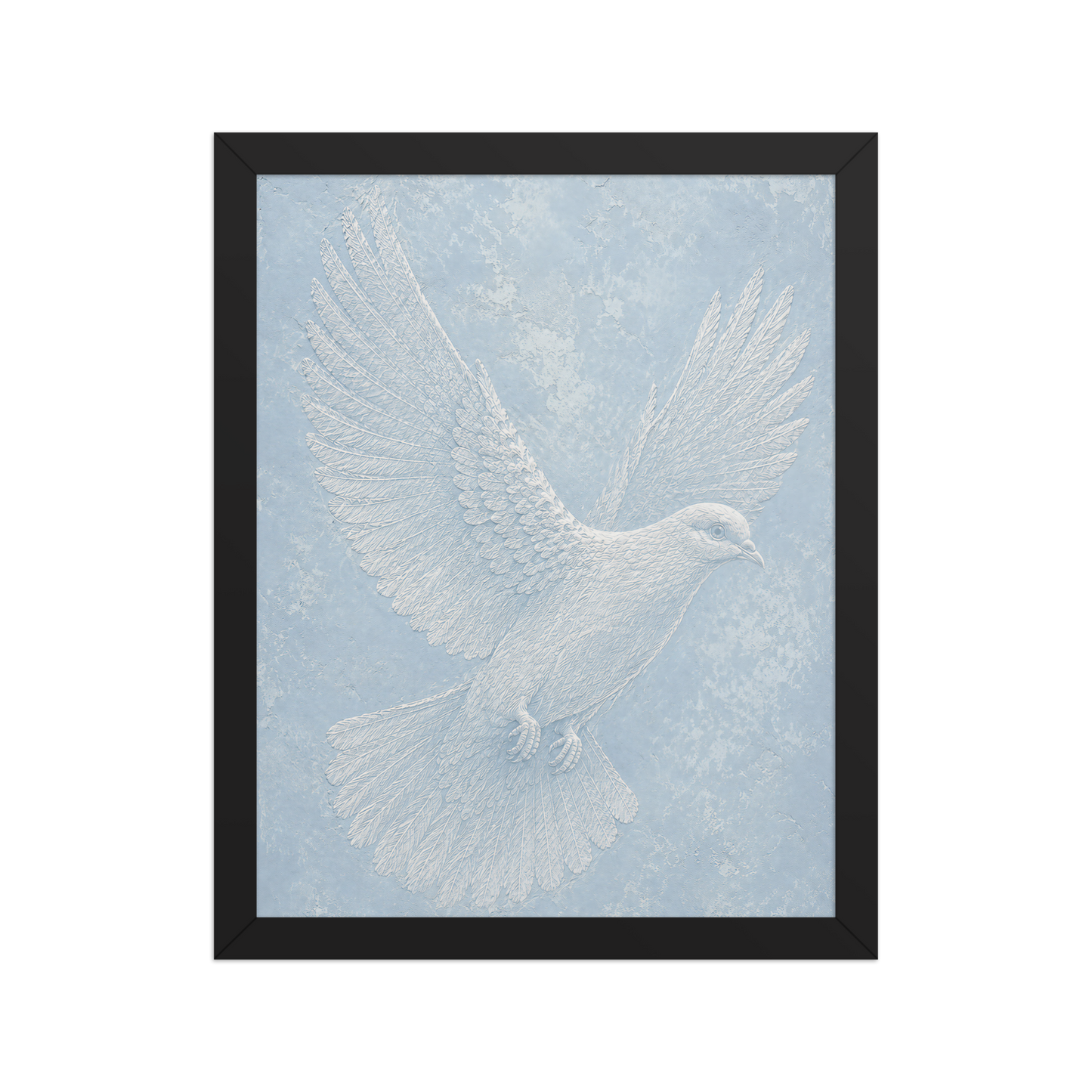 Framed peace dove print with embossed relief-look design on dusty blue textured background