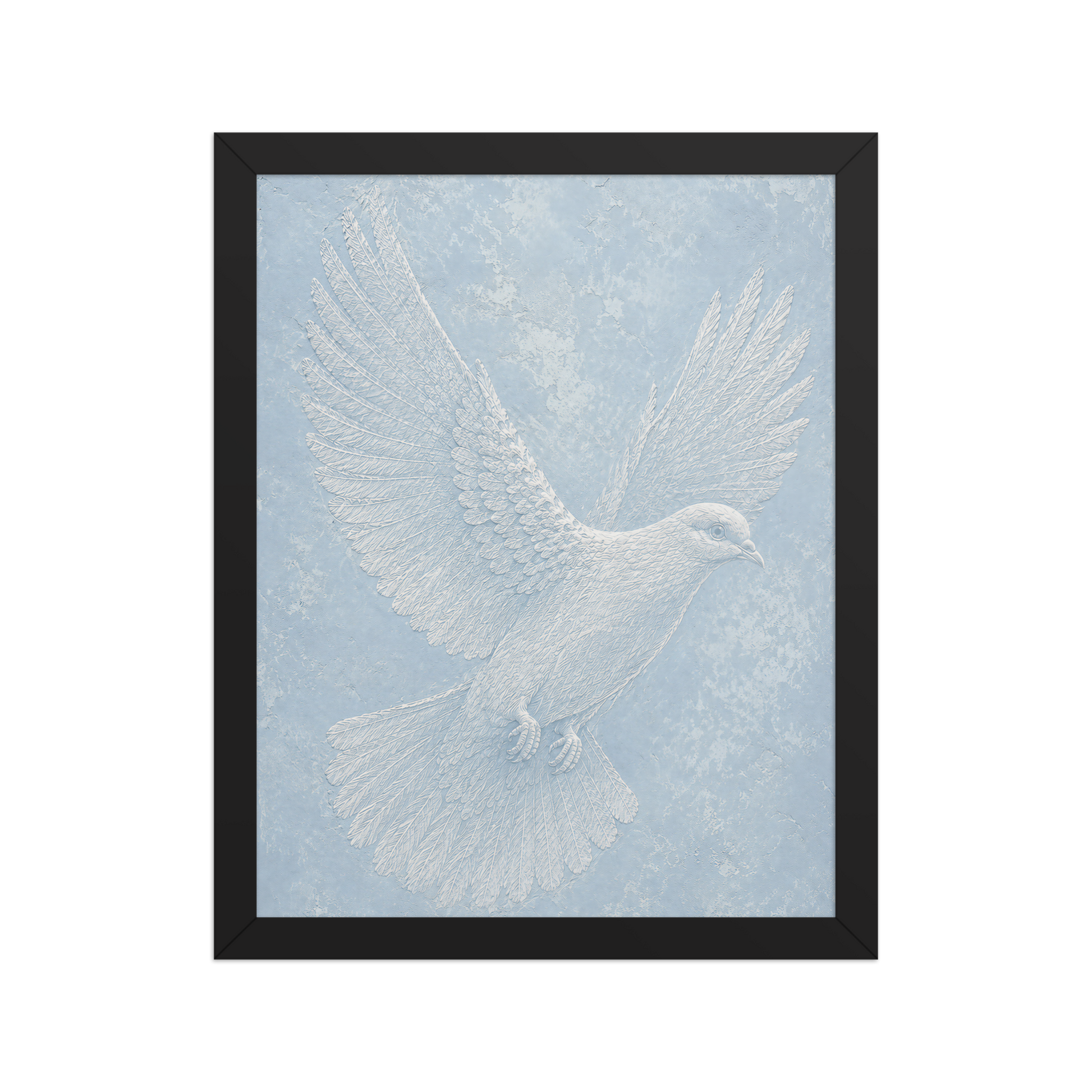 Framed peace dove print with embossed relief-look design on dusty blue textured background